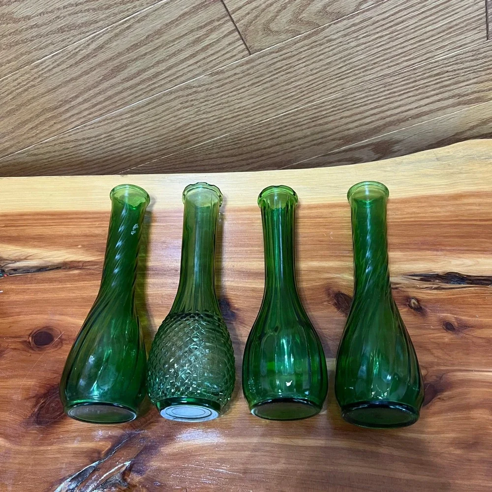 Vintage Green Glass Bud Vase Lot 4 Swirl Optic Bottle Vases CottageCore‎ Decor